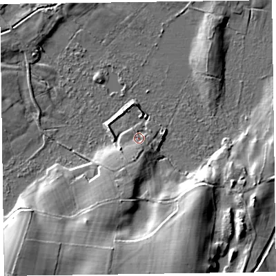 Shaded relief map of the ground around LA127QJ, computed from Environment Agency LiDAR. The ground here sits at about 7 m above sea level and falls 13 m across the surrounding 800 m. Surface water reaching this point runs off ground lying to the south-south-west, 3.1 m higher.