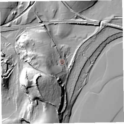 Shaded relief map of the ground around LA127QN, computed from Environment Agency LiDAR. The ground here sits at about 10 m above sea level and falls 38 m across the surrounding 800 m. Surface water reaching this point runs off ground lying to the south-west, 18.4 m higher.