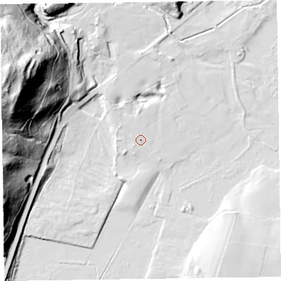 Shaded relief map of the ground around LA127QQ, computed from Environment Agency LiDAR. The ground here sits at about 7 m above sea level and falls 84 m across the surrounding 800 m. Surface water reaching this point runs off ground lying to the north-north-west, 4.4 m higher.