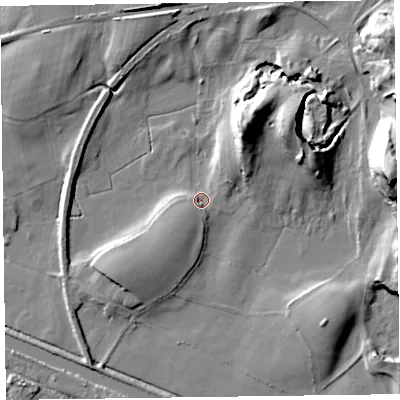Shaded relief map of the ground around LA127QR, computed from Environment Agency LiDAR. The ground here sits at about 6 m above sea level and falls 28 m across the surrounding 800 m. Surface water reaching this point runs off ground lying to the south-west, 5.3 m higher.