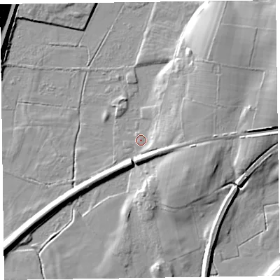 Shaded relief map of the ground around LA127QW, computed from Environment Agency LiDAR. The ground here sits at about 5 m above sea level and falls 24 m across the surrounding 800 m. Surface water reaching this point runs off ground lying to the east-north-east, 5.7 m higher.