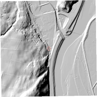 Shaded relief map of the ground around LA127QY, computed from Environment Agency LiDAR. The ground here sits at about 8 m above sea level and falls 97 m across the surrounding 800 m. Surface water reaching this point runs off ground lying to the south-west, 88.2 m higher.