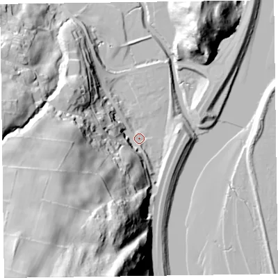 Shaded relief map of the ground around LA127RA, computed from Environment Agency LiDAR. The ground here sits at about 7 m above sea level and falls 84 m across the surrounding 800 m. Surface water reaching this point runs off ground lying to the south-west, 80.1 m higher.