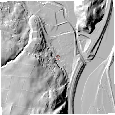 Shaded relief map of the ground around LA127RB, computed from Environment Agency LiDAR. The ground here sits at about 7 m above sea level and falls 81 m across the surrounding 800 m. Surface water reaching this point runs off ground lying to the south-west, 77.6 m higher.