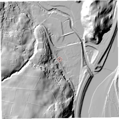 Shaded relief map of the ground around LA127RD, computed from Environment Agency LiDAR. The ground here sits at about 7 m above sea level and falls 78 m across the surrounding 800 m. Surface water reaching this point runs off ground lying to the south-west, 73.7 m higher.