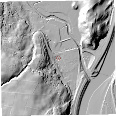 Shaded relief map of the ground around LA127RE, computed from Environment Agency LiDAR. The ground here sits at about 6 m above sea level and falls 74 m across the surrounding 800 m. Surface water reaching this point runs off ground lying to the south-west, 70.0 m higher.