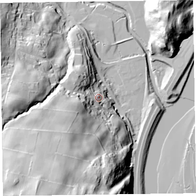Shaded relief map of the ground around LA127RG, computed from Environment Agency LiDAR. The ground here sits at about 22 m above sea level and falls 81 m across the surrounding 800 m. Surface water reaching this point runs off ground lying to the west-south-west, 25.7 m higher.