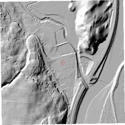 Shaded relief map of the ground around LA127RT, computed from Environment Agency LiDAR. The ground here sits at about 7 m above sea level and falls 72 m across the surrounding 800 m. The ground contributing surface water to this point lies to the south-south-west.