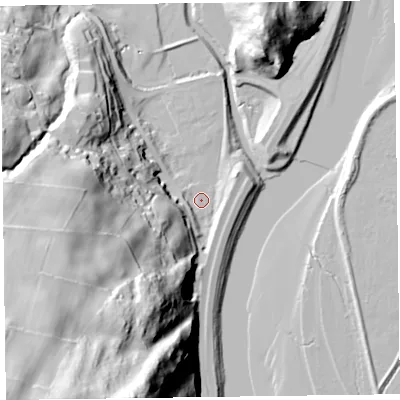 Shaded relief map of the ground around LA127RU, computed from Environment Agency LiDAR. The ground here sits at about 7 m above sea level and falls 85 m across the surrounding 800 m. Surface water reaching this point runs off ground lying to the south-west, 81.2 m higher.