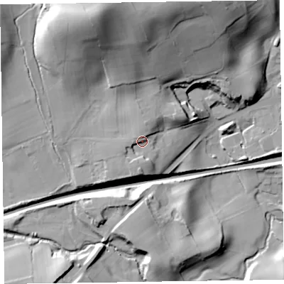 Shaded relief map of the ground around LA127SE, computed from Environment Agency LiDAR. The ground here sits at about 50 m above sea level and falls 55 m across the surrounding 800 m. Surface water reaching this point runs off ground lying to the north, 4.0 m higher.