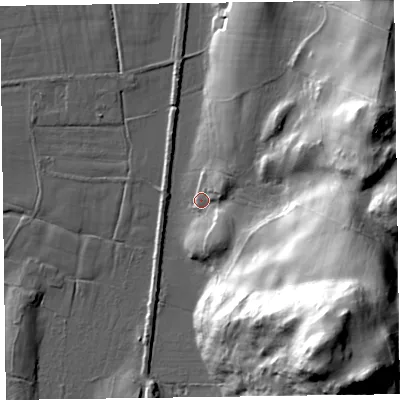 Shaded relief map of the ground around LA127SH, computed from Environment Agency LiDAR. The ground here sits at about 7 m above sea level and falls 60 m across the surrounding 800 m. Surface water reaching this point runs off ground lying to the south-east, 57.2 m higher.
