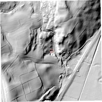 Shaded relief map of the ground around LA127SL, computed from Environment Agency LiDAR. The ground here sits at about 22 m above sea level and falls 93 m across the surrounding 800 m. Surface water reaching this point runs off ground lying to the west, 50.6 m higher.