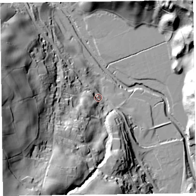 Shaded relief map of the ground around LA127TD, computed from Environment Agency LiDAR. The ground here sits at about 11 m above sea level and falls 74 m across the surrounding 800 m. Surface water reaching this point runs off ground lying to the west-south-west, 68.9 m higher.