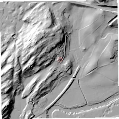 Shaded relief map of the ground around LA128AE, computed from Environment Agency LiDAR. The ground here sits at about 22 m above sea level and falls 46 m across the surrounding 800 m. Surface water reaching this point runs off ground lying to the west-north-west, 27.2 m higher.