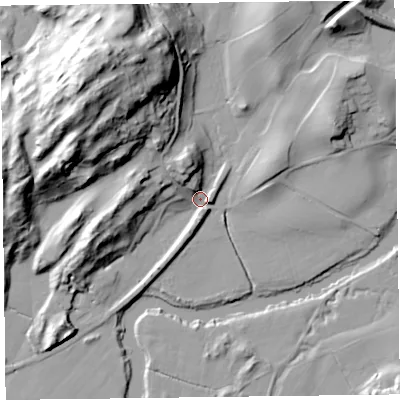 Shaded relief map of the ground around LA128AF, computed from Environment Agency LiDAR. The ground here sits at about 7 m above sea level and falls 46 m across the surrounding 800 m. Surface water reaching this point runs off ground lying to the north-west, 41.6 m higher.