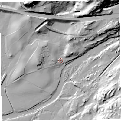 Shaded relief map of the ground around LA128AH, computed from Environment Agency LiDAR. The ground here sits at about 10 m above sea level and falls 62 m across the surrounding 800 m. Surface water reaching this point runs off ground lying to the north-north-west, 23.2 m higher.