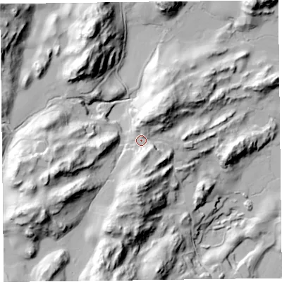 Shaded relief map of the ground around LA128AX, computed from Environment Agency LiDAR. The ground here sits at about 62 m above sea level and falls 59 m across the surrounding 800 m. Surface water reaching this point runs off ground lying to the south, 12.0 m higher.