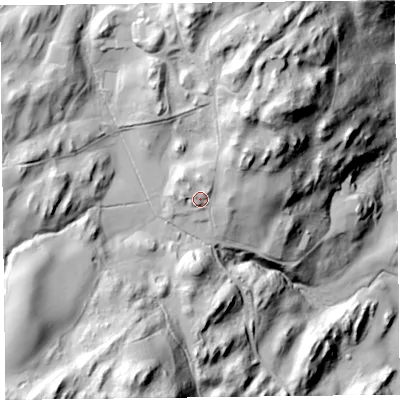 Shaded relief map of the ground around LA128AZ, computed from Environment Agency LiDAR. The ground here sits at about 88 m above sea level and falls 89 m across the surrounding 800 m. Surface water reaching this point runs off ground lying to the north-east, 19.7 m higher.