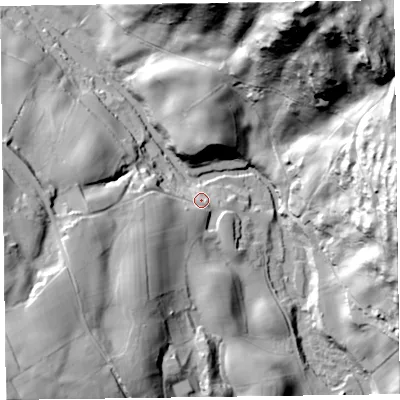 Shaded relief map of the ground around LA128BS, computed from Environment Agency LiDAR. The ground here sits at about 22 m above sea level and falls 102 m across the surrounding 800 m. Surface water reaching this point runs off ground lying to the west-south-west, 16.9 m higher.