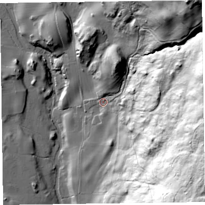 Shaded relief map of the ground around LA128DB, computed from Environment Agency LiDAR. The ground here sits at about 49 m above sea level and falls 122 m across the surrounding 800 m. Surface water reaching this point runs off ground lying to the east-north-east, 99.7 m higher.