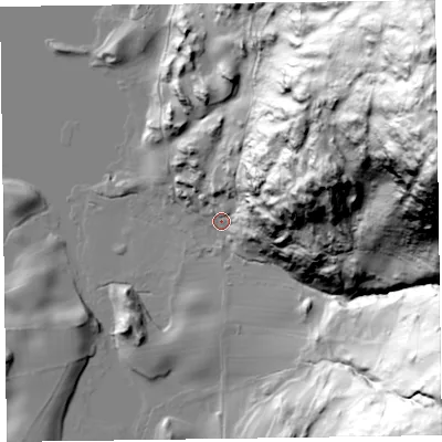 Shaded relief map of the ground around LA128DF, computed from Environment Agency LiDAR. The ground here sits at about 50 m above sea level and falls 175 m across the surrounding 800 m. Surface water reaching this point runs off ground lying to the east-north-east, 70.9 m higher.