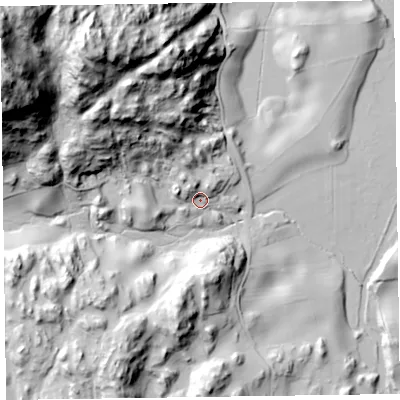Shaded relief map of the ground around LA128DJ, computed from Environment Agency LiDAR. The ground here sits at about 55 m above sea level and falls 101 m across the surrounding 800 m. Surface water reaching this point runs off ground lying to the north-west, 10.9 m higher.
