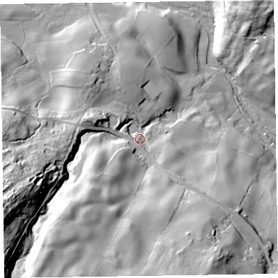 Shaded relief map of the ground around LA128DX, computed from Environment Agency LiDAR. The ground here sits at about 41 m above sea level and falls 71 m across the surrounding 800 m. Surface water reaching this point runs off ground lying to the south-west, 17.1 m higher.