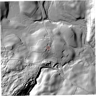 Shaded relief map of the ground around LA128DY, computed from Environment Agency LiDAR. The ground here sits at about 45 m above sea level and falls 78 m across the surrounding 800 m. Surface water reaching this point runs off ground lying to the west-south-west, 5.9 m higher.