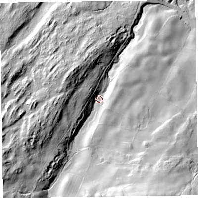 Shaded relief map of the ground around LA128EA, computed from Environment Agency LiDAR. The ground here sits at about 70 m above sea level and falls 83 m across the surrounding 800 m. Surface water reaching this point runs off ground lying to the west-south-west, 48.2 m higher.