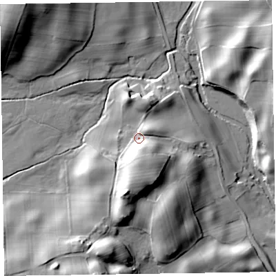 Shaded relief map of the ground around LA128EE, computed from Environment Agency LiDAR. The ground here sits at about 42 m above sea level and falls 31 m across the surrounding 800 m. Surface water reaching this point runs off ground lying to the south, 13.0 m higher.