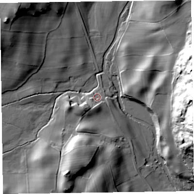Shaded relief map of the ground around LA128EF, computed from Environment Agency LiDAR. The ground here sits at about 37 m above sea level and falls 48 m across the surrounding 800 m. Surface water reaching this point runs off ground lying to the south-south-west, 3.7 m higher.