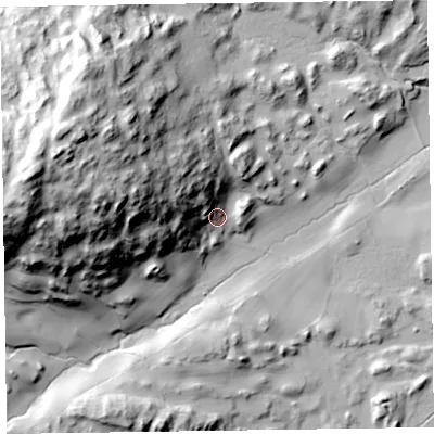 Shaded relief map of the ground around LA128EH, computed from Environment Agency LiDAR. The ground here sits at about 80 m above sea level and falls 91 m across the surrounding 800 m. Surface water reaching this point runs off ground lying to the west, 60.1 m higher.