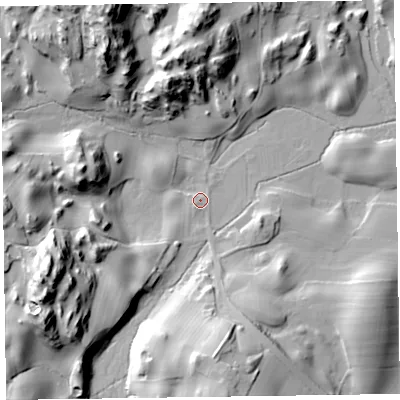 Shaded relief map of the ground around LA128EQ, computed from Environment Agency LiDAR. The ground here sits at about 47 m above sea level and falls 39 m across the surrounding 800 m. Surface water reaching this point runs off ground lying to the south-west, 23.4 m higher.