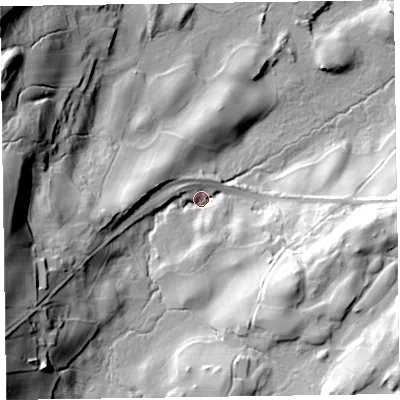 Shaded relief map of the ground around LA128ES, computed from Environment Agency LiDAR. The ground here sits at about 76 m above sea level and falls 59 m across the surrounding 800 m. Surface water reaching this point runs off ground lying to the west-south-west, 46.5 m higher.