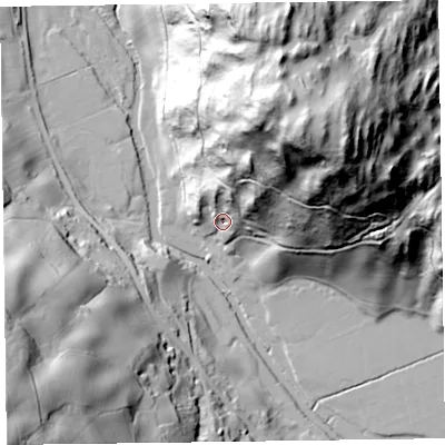 Shaded relief map of the ground around LA128HA, computed from Environment Agency LiDAR. The ground here sits at about 15 m above sea level and falls 104 m across the surrounding 800 m. Surface water reaching this point runs off ground lying to the north-north-east, 30.0 m higher.