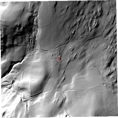 Shaded relief map of the ground around LA128HP, computed from Environment Agency LiDAR. The ground here sits at about 136 m above sea level and falls 96 m across the surrounding 800 m. Surface water reaching this point runs off ground lying to the north-west, 3.7 m higher.