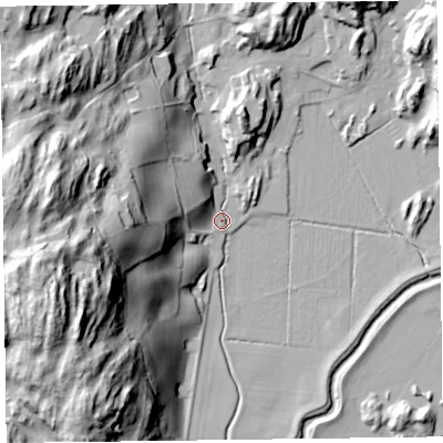 Shaded relief map of the ground around LA128JN, computed from Environment Agency LiDAR. The ground here sits at about 6 m above sea level and falls 66 m across the surrounding 800 m. Surface water reaching this point runs off ground lying to the west-south-west, 62.6 m higher.