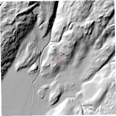 Shaded relief map of the ground around LA128JY, computed from Environment Agency LiDAR. The ground here sits at about 33 m above sea level and falls 72 m across the surrounding 800 m. Surface water reaching this point runs off ground lying to the north-east, 21.6 m higher.