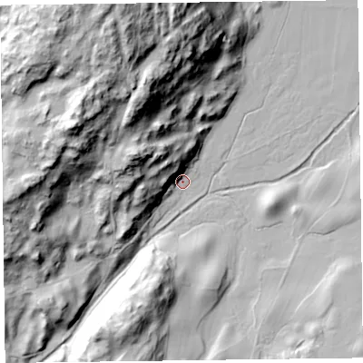 Shaded relief map of the ground around LA128JZ, computed from Environment Agency LiDAR. The ground here sits at about 13 m above sea level and falls 80 m across the surrounding 800 m. Surface water reaching this point runs off ground lying to the west-north-west, 40.6 m higher.