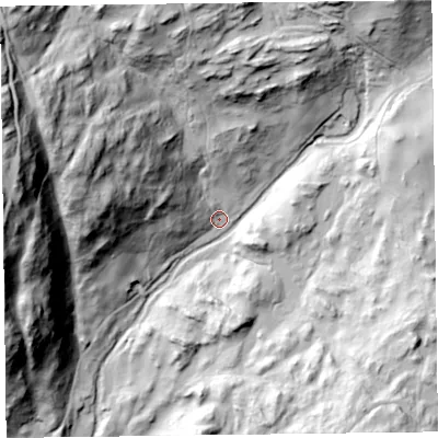 Shaded relief map of the ground around LA128LF, computed from Environment Agency LiDAR. The ground here sits at about 37 m above sea level and falls 115 m across the surrounding 800 m. Surface water reaching this point runs off ground lying to the west-north-west, 105.1 m higher.