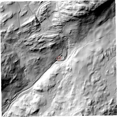Shaded relief map of the ground around LA128LG, computed from Environment Agency LiDAR. The ground here sits at about 43 m above sea level and falls 107 m across the surrounding 800 m. Surface water reaching this point runs off ground lying to the north-north-east, 98.6 m higher.