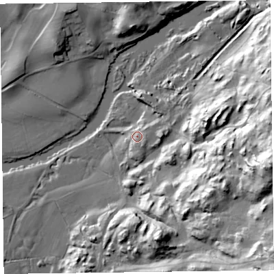 Shaded relief map of the ground around LA128LY, computed from Environment Agency LiDAR. The ground here sits at about 13 m above sea level and falls 72 m across the surrounding 800 m. Surface water reaching this point runs off ground lying to the south-south-east, 5.8 m higher.