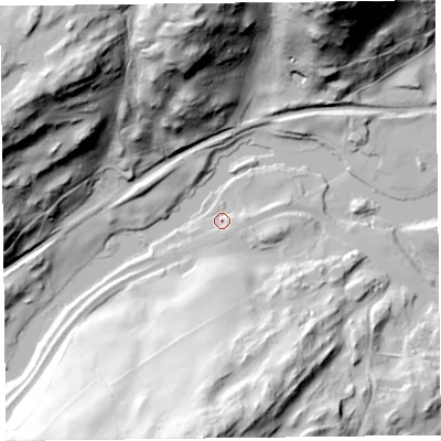 Shaded relief map of the ground around LA128LZ, computed from Environment Agency LiDAR. The ground here sits at about 41 m above sea level and falls 102 m across the surrounding 800 m. Surface water reaching this point runs off ground lying to the east-south-east, 4.1 m higher.