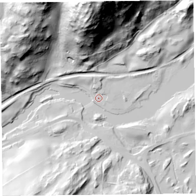 Shaded relief map of the ground around LA128NB, computed from Environment Agency LiDAR. The ground here sits at about 41 m above sea level and falls 127 m across the surrounding 800 m. Surface water reaching this point runs off ground lying to the north, 6.5 m higher.
