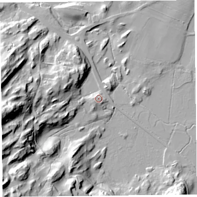 Shaded relief map of the ground around LA128ND, computed from Environment Agency LiDAR. The ground here sits at about 46 m above sea level and falls 53 m across the surrounding 800 m. Surface water reaching this point runs off ground lying to the east-south-east, 4.2 m higher.