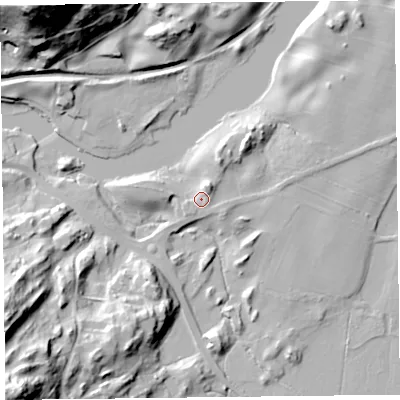 Shaded relief map of the ground around LA128NE, computed from Environment Agency LiDAR. The ground here sits at about 44 m above sea level and falls 58 m across the surrounding 800 m. Surface water reaching this point runs off ground lying to the west-south-west, 2.1 m higher.