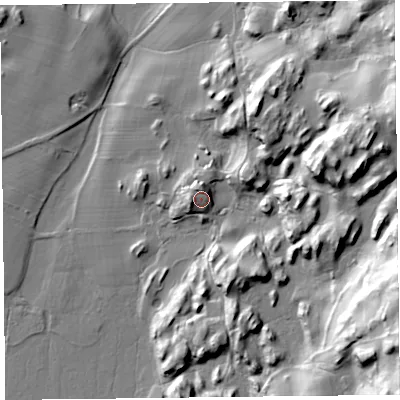 Shaded relief map of the ground around LA128NH, computed from Environment Agency LiDAR. The ground here sits at about 53 m above sea level and falls 56 m across the surrounding 800 m. Surface water reaching this point runs off ground lying to the north, 4.3 m higher.