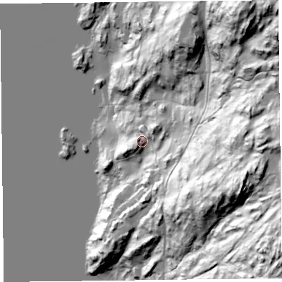 Shaded relief map of the ground around LA128NR, computed from Environment Agency LiDAR. The ground here sits at about 64 m above sea level and falls 129 m across the surrounding 800 m. Surface water reaching this point runs off ground lying to the east-north-east, 12.6 m higher.