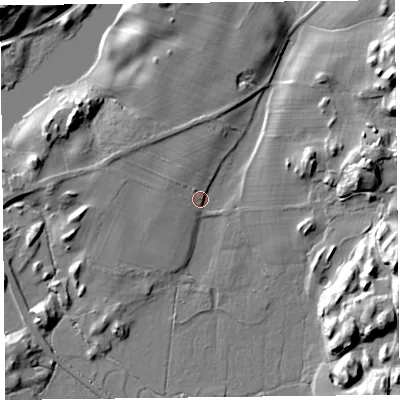Shaded relief map of the ground around LA128NS, computed from Environment Agency LiDAR. The ground here sits at about 43 m above sea level and falls 24 m across the surrounding 800 m. Surface water reaching this point runs off ground lying to the east, 14.2 m higher.