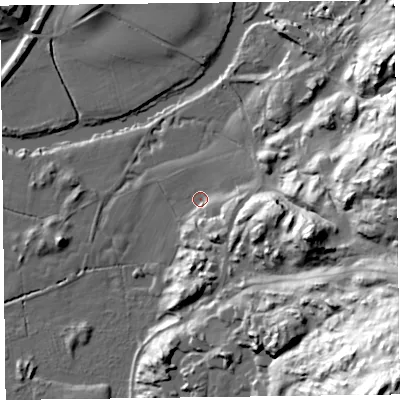 Shaded relief map of the ground around LA128PG, computed from Environment Agency LiDAR. The ground here sits at about 7 m above sea level and falls 91 m across the surrounding 800 m. Surface water reaching this point runs off ground lying to the south-south-east, 12.6 m higher.